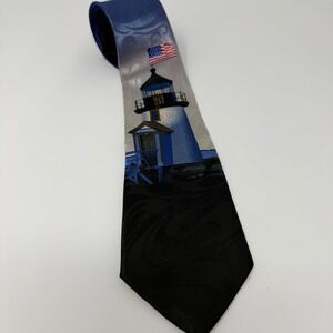 Steven Harris Mens Lighthouse American Flag Nautical Paisley Blue Silver Tie